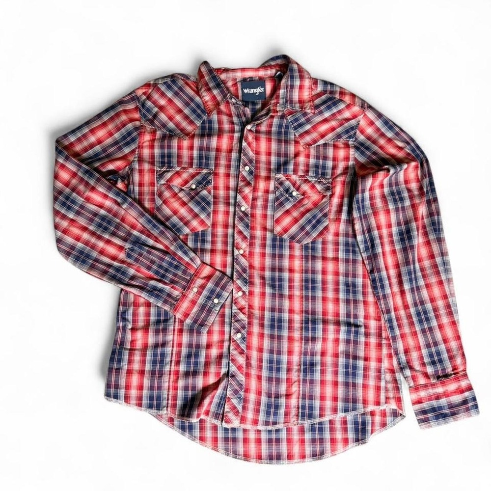 Wrangler Mens Red Blue Plaid Western Pearl Snap Long Sleeve Shirt MVG295R Large